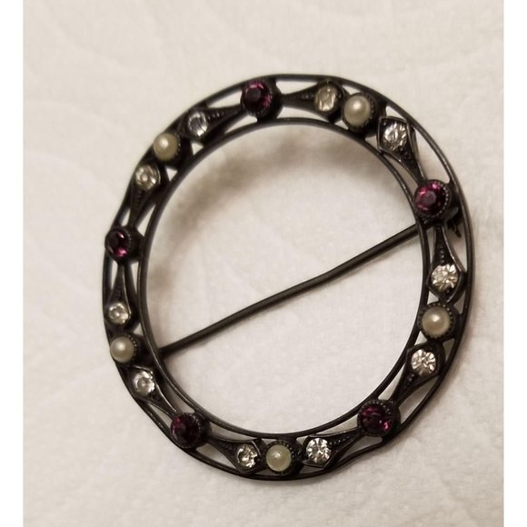 Vintage Silver Rhinestone Pearl Brooch Pin Round Antiqued Scarf Hat SC402 - Picture 7 of 10